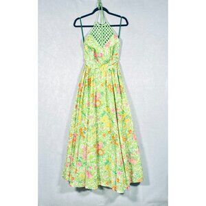 Vintage Lanz Dress Womens M Yellow Cotton Floral Halter Maxi Cottage